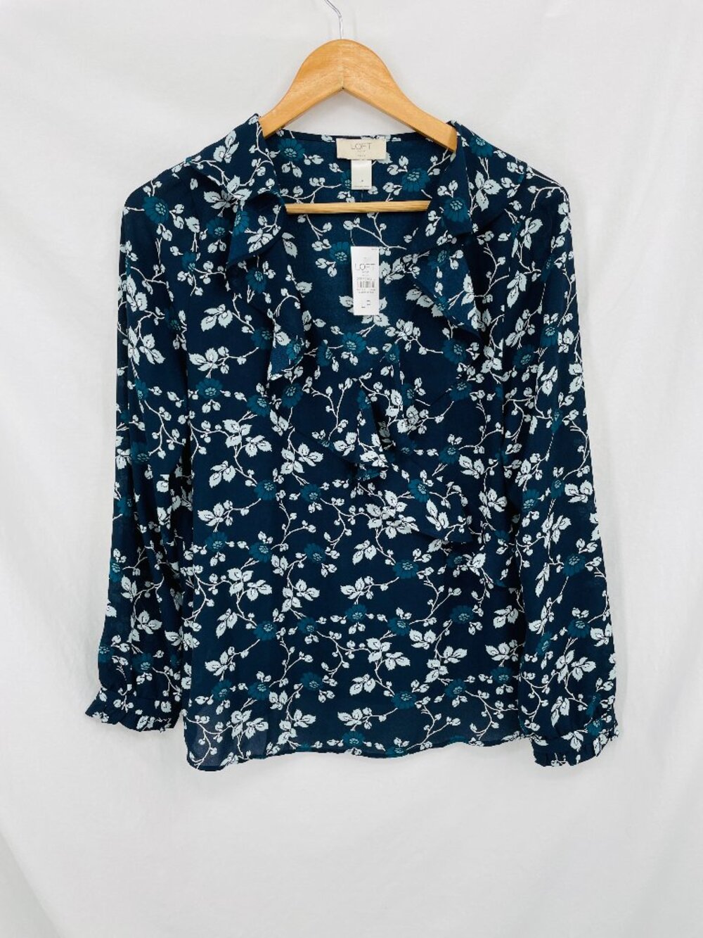 LOFT Petite Blue and White Flower V Neck Long Sleeve Blouse